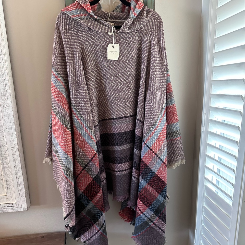 NWT ANDTHEWHY Striped and purple Plaid Poncho One Size